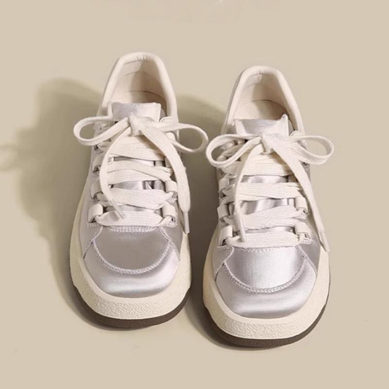 Fashion Spring Fashion Breathable Satin Casual Pink Sneakers 2025 New Style Women's Vulcanized Round Toe Thick Sole Lace Up Flat Shoes