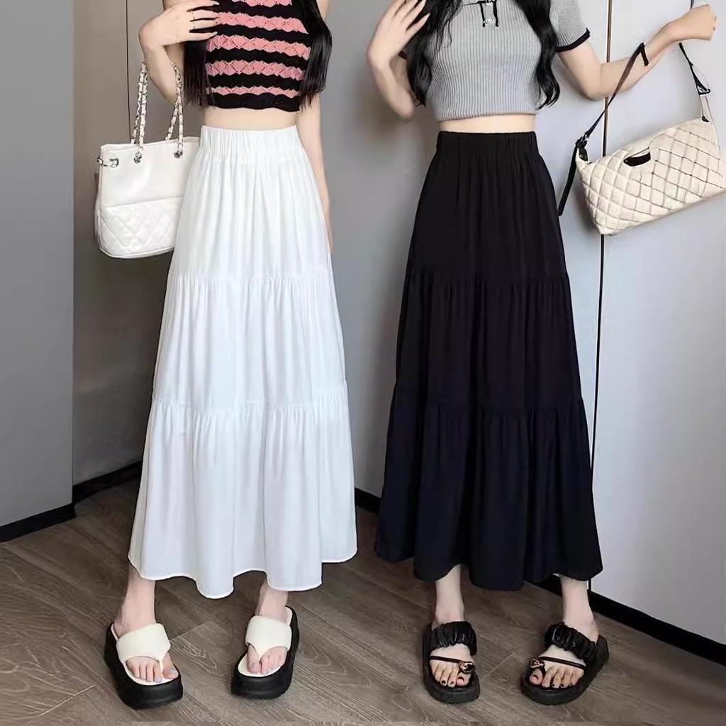 Women's Petite Black & White Midi A-Line Skirt - Summer 2024 Collection, High-Waisted, Drapey Design