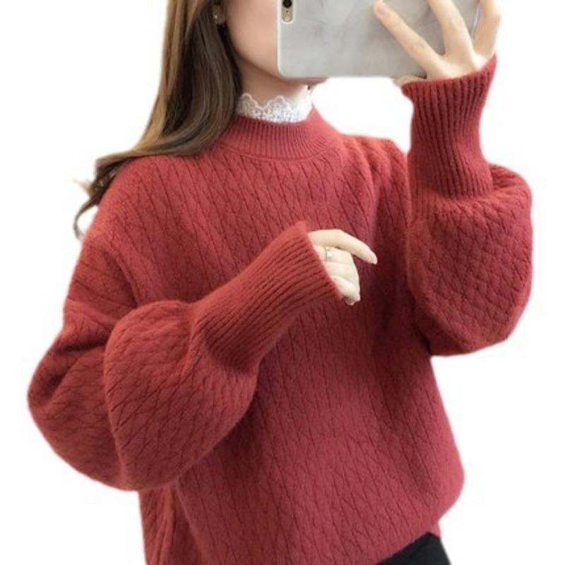 Pullover lace edge sweater women's spring, autumn and winter youth high school junior high school students fleece thickened knitted bottoming shirt