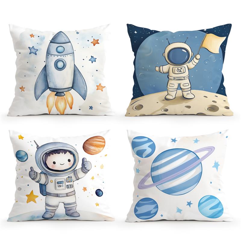 Home Decor Space-Themed Astronaut & Rocket Pillow Covers Pattern Cushion Cover Suitable For Sofa Bedroom Car Pillow Cover