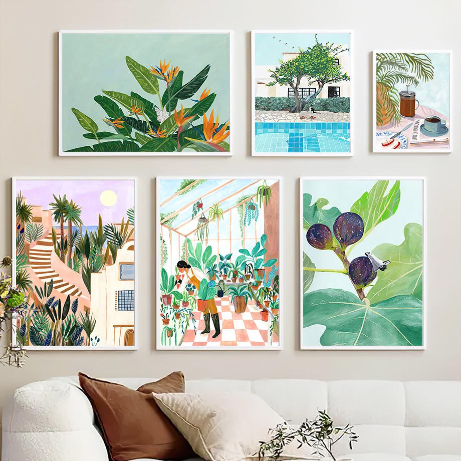 Reise Landschaft Wandkunst Kaffee Frau Lesen Pool Blatt Leinwand Malerei Poster Drucke Bilder Für Wohnen Innenraum Zimmer Dekor