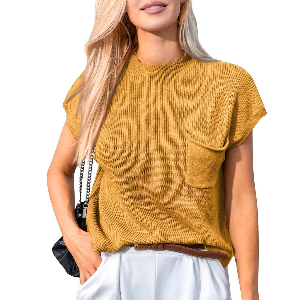 Women's Casual Fashion Sexy Color Comfortable And Breathable Round Neck Pullover Knitted Top With Pockets