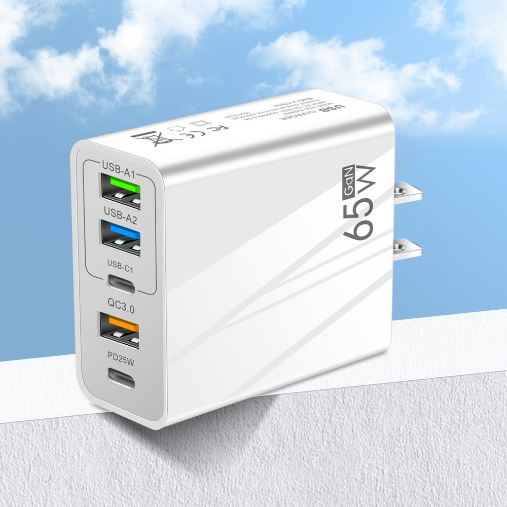 

65W GaN USB Fast QC3.0 Charging 5Ports Mobile Phone Charger EU/US/UK Plug For 16 Samsung 15/14 Huawei Wall Charger WHITE-US