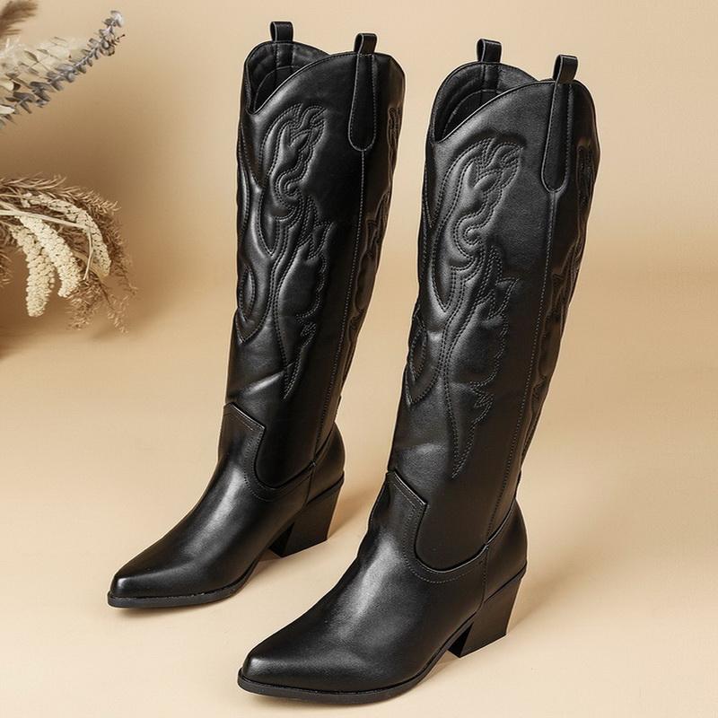 

Women PU High Thick Heel Knight Boots Embroidered Western Cowboy Boots Office Nightclub Mid-calf Pull-on Straigh Boots Size35-43 35 чёрный