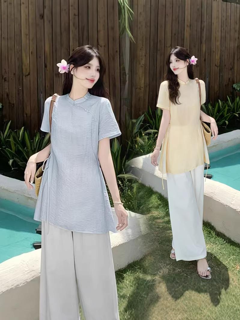 Chinese Style Frog Button Plus Size Short Sleeve Shirt & Waist-Cinched Set for Women XL