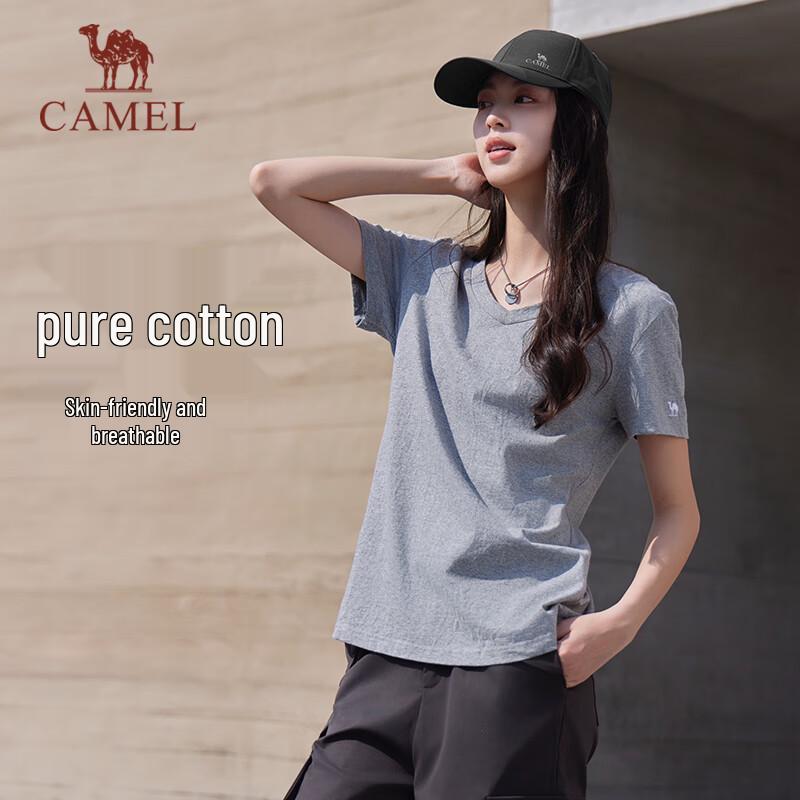 

CAMEL Women s V-Neck Loose Cotton T-Shirt L