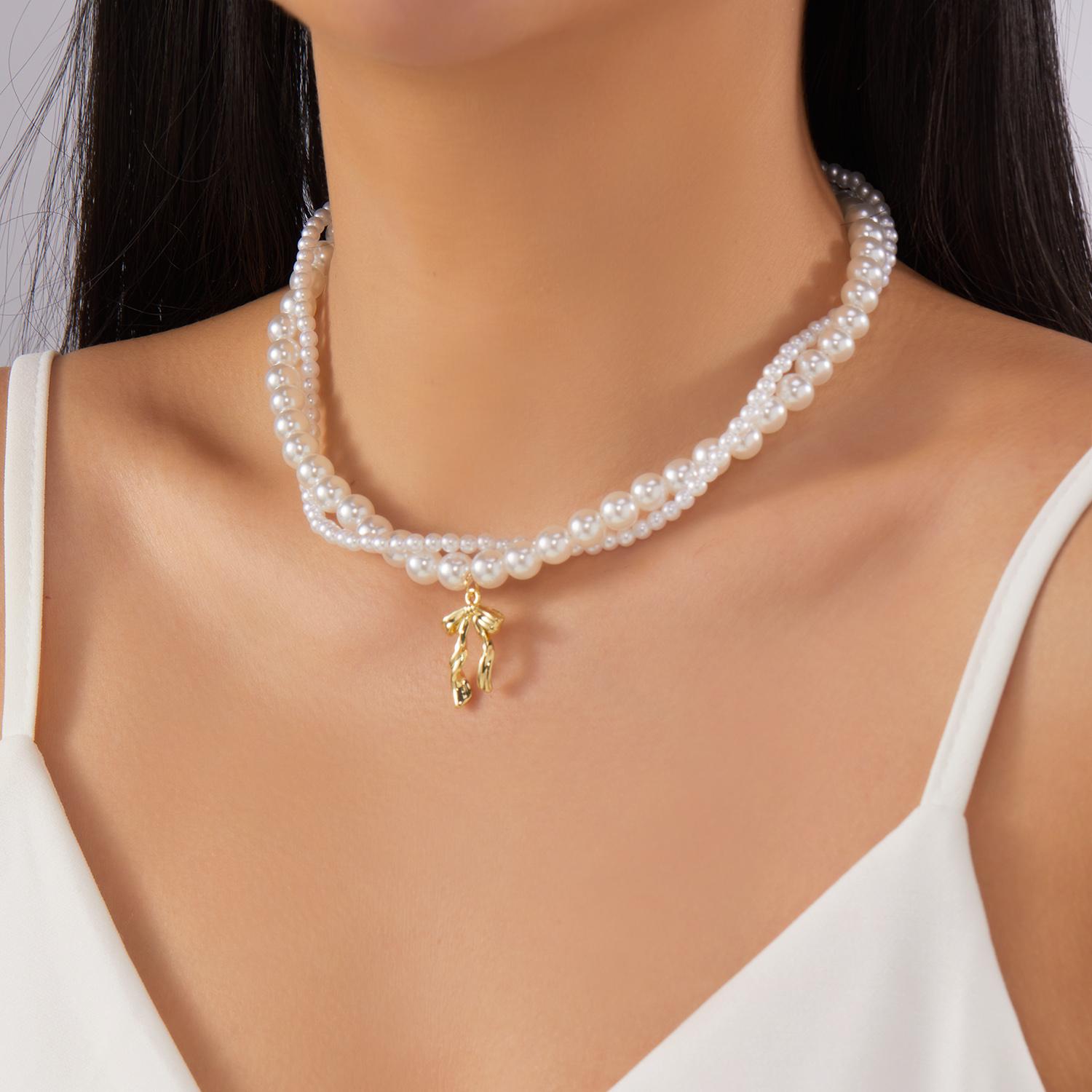 Vintage Heart Irregular Imitation Pearl Necklace Set for Women Charming Bow Layered Pendant Necklace Friendship Jewelry Gift