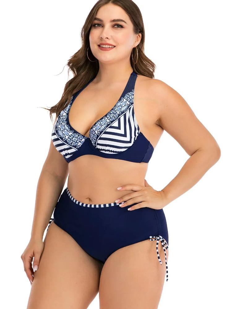 New 2025 Thick Women Swimsuit Plunging Bikini Set Big Breast Backless Swimwear Halter Beach Wear Biquinis Bathing Suit 4XL