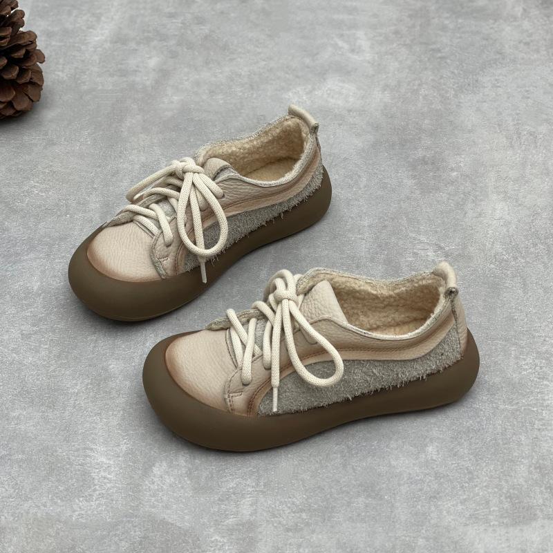Johnature Retro Flats Genuine Leather Plush Warm Cotton Shoes Cow Leather Thick Soled Women's Shoes