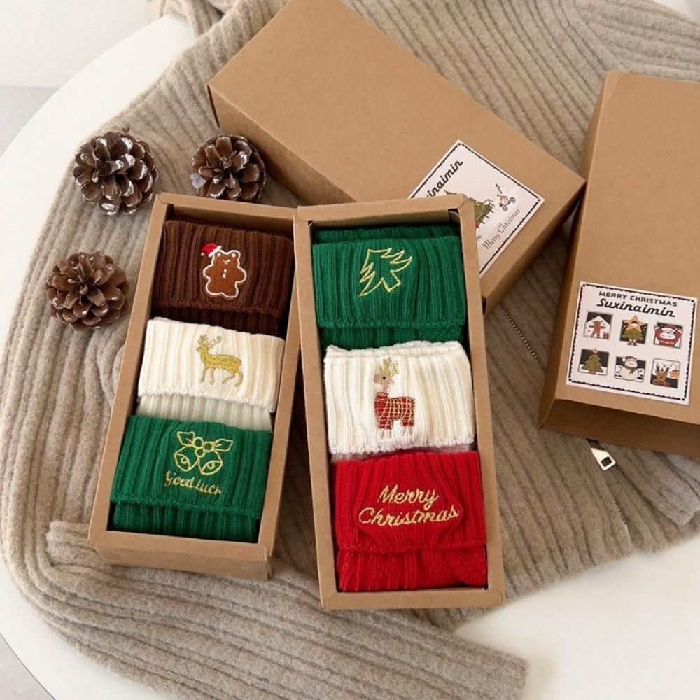 3Pairs Cute Embroidery Cotton Socks Santa Reindeer Pattern Mid-Tube Socks Christmas Party