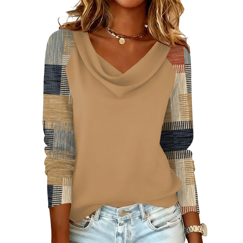 Ladies' Plaid Printed Casual and Fashionable Long Sleeved Pullover Top