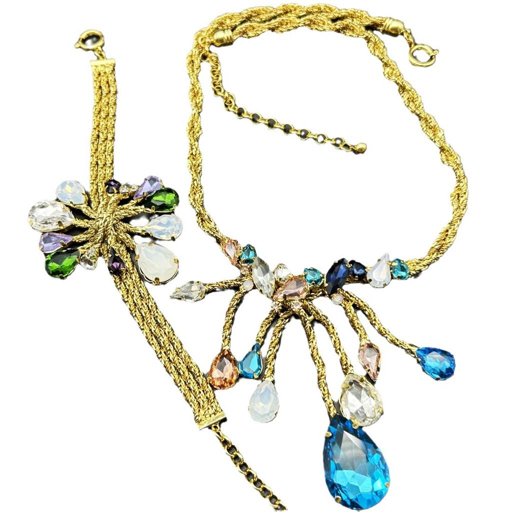 Medieval Vintage Ancient Copper Plated Real Gold Color Inlaid Necklace Bracelet Set Heavy Industry Craft Jewelry Premium Sense