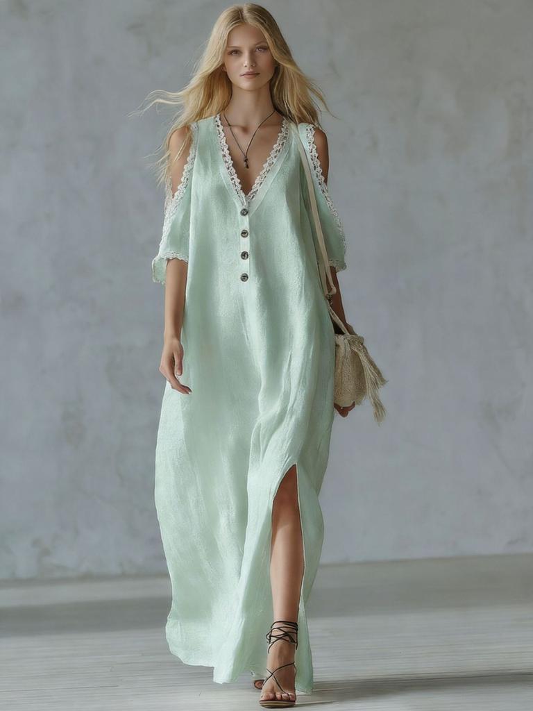 Nouvelle Robe Casual Femme à Bordure en Dentelle Épaules Dégagées Jupe Longue