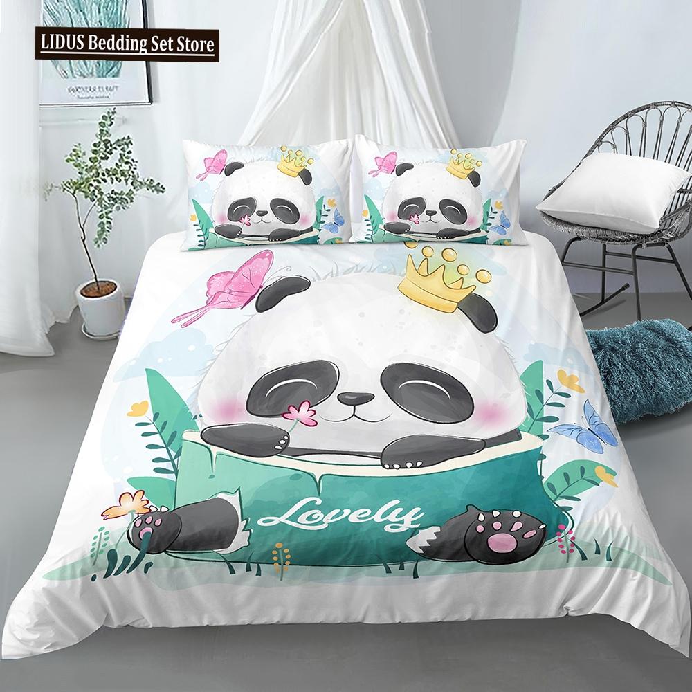 Panda Polyester Duvet Cover Set White Black Cartoon Animals Heart Flowers Printed King Queen Twin Size For Kids Boys Girl Teen