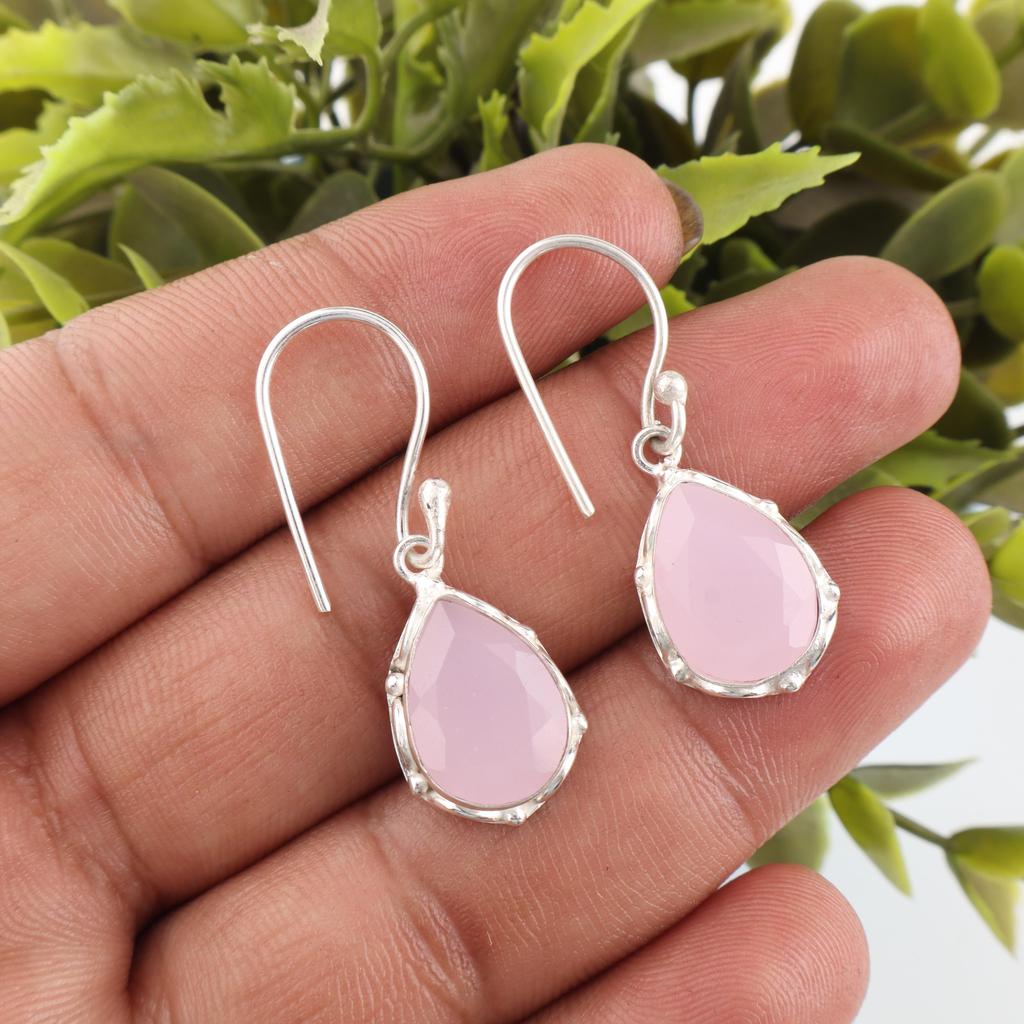 Rose Chalcedony Jewelry, 925 Solid Sterling Silver Earrings, Handmade Gemstone Jewelry Earrings For Memorial Day