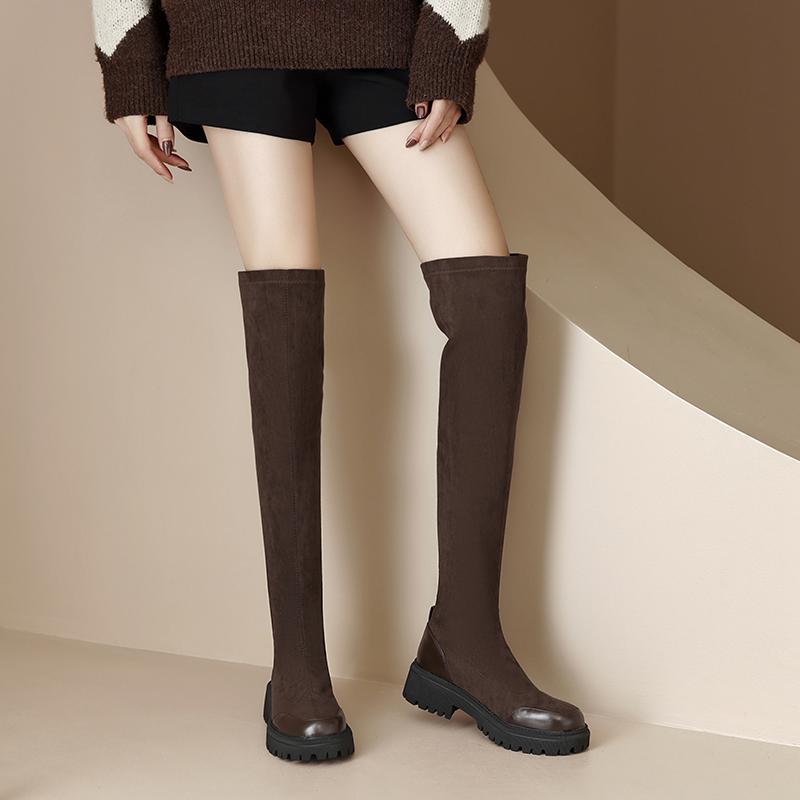 Krazing Pot Flock Autumn Winter Shoes Med Heels Size 43 Stovepipe Boots Round Toe Keep Warm Zipper Over-the-knee Boots