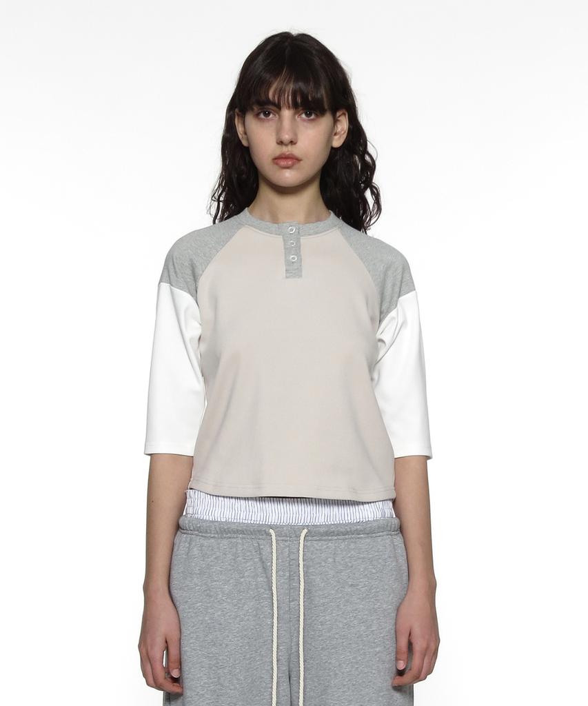 PARTIMENTO WOMEN Pwc Henley Neck Three-Quarter Sleeve Tee_Ecru