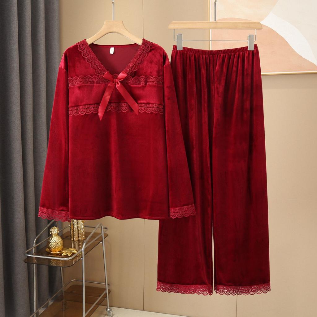 Women's Autumn Winter Velvet Sleepwear Sexy V-Neck Pajamas Set Long Sleeve Pants Nightwear Loungewear Solid Color Home Clothes