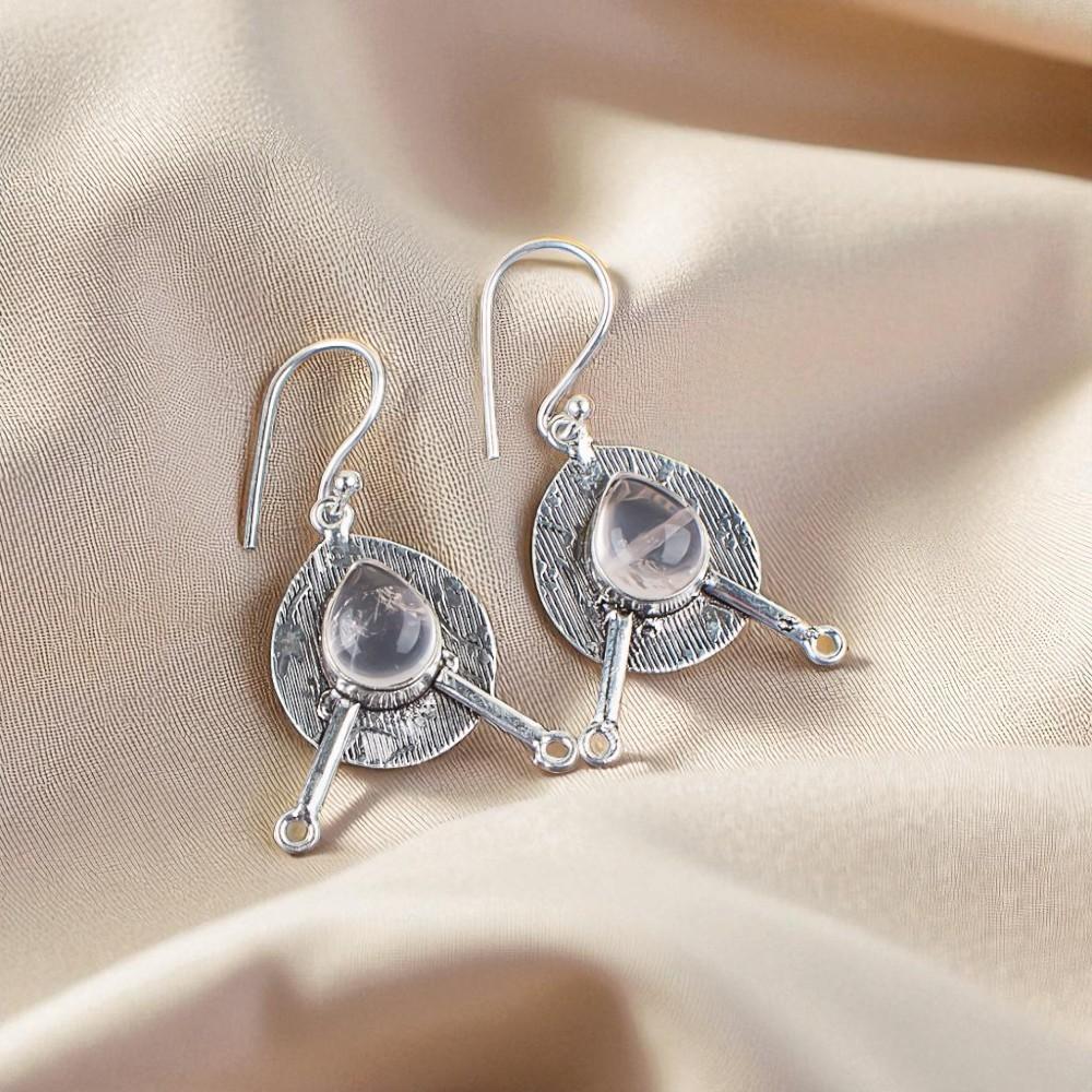 Natural Rose Quartz Gemstone 925 Sterling Silver Jewelry Handmade Earrings 1.86" EE-78-29