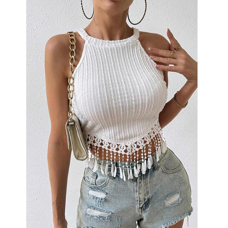 Women's Spring and Summer New Elegant Tassel Vest Short Slim Fit Slim Navel Top