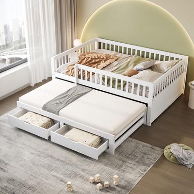 Massivholz Schlafsofa 140*200 cm, Geschlossene Sicherheitsreling, Ausziehbares Bett mit 2 Schubladen darunter, Lattenrost, Kinder Jugend Gästebett Erwachsene, Weiß