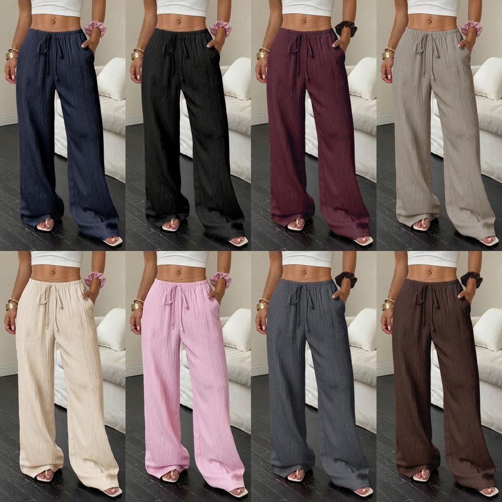 2026 Women's Casual Wide-Leg Pants with Knot Waist and Textured Fabric