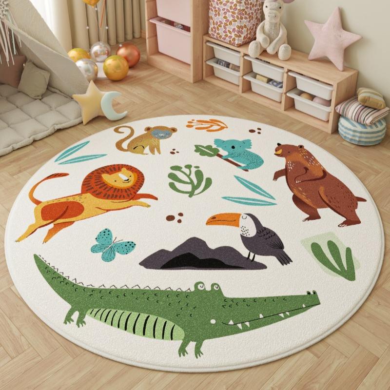 Educational Round Kids Rugs Alphabet Animal Design Rainbow Pattern Colorful Learning Carpets for Childrens Room Decor