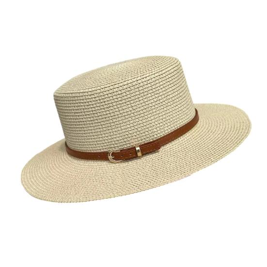 Straw Hat Wide Brim Flat Faux Leather Strap Top Design Metal Buckle Decor Sun Hat Beach