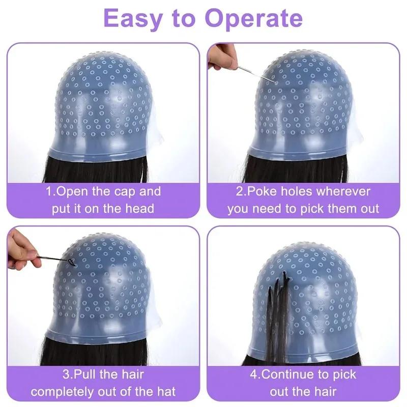 4pcs Hair Coloring Cap with Hook Reusable Hair Dyeing Gloves Highlighting Silicone Hat DIY Hair Beauty Styling Tools Kit