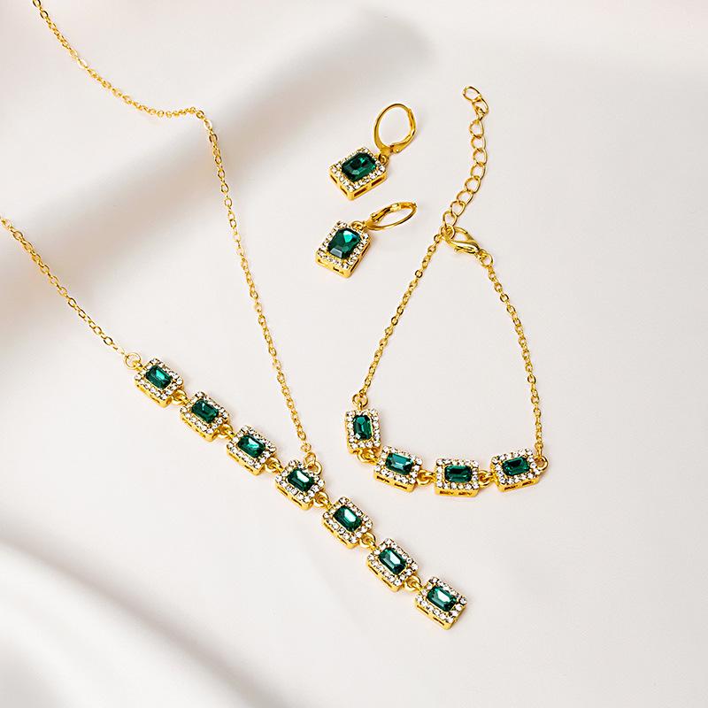 Luxury Super Flash Full Diamond Square Emerald Necklace Set, Yellow Pink Crystal Bracelet Earrings Jewelry