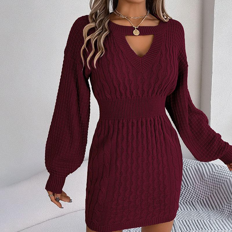 Autumn Winter Women's V-neck Sweater Dress Solid Color Hollow-out Lantern Sleeves Knitted Bodycon Dress