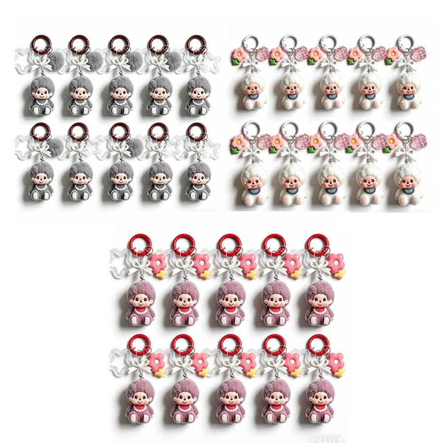 Resin Flocking Monchichi Keychain Cute Monkey Baby Trendy Keyring Cartoon Pendent Keys Bags Hanging Accessories Small Gifts