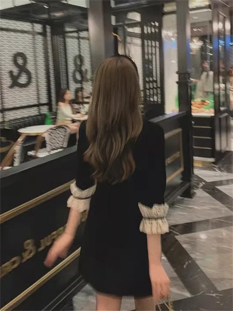 Vestido de Terciopelo Negro Estilo Hepburn Francés Ceñido a la Cintura de Lujo Ligero para Mujer