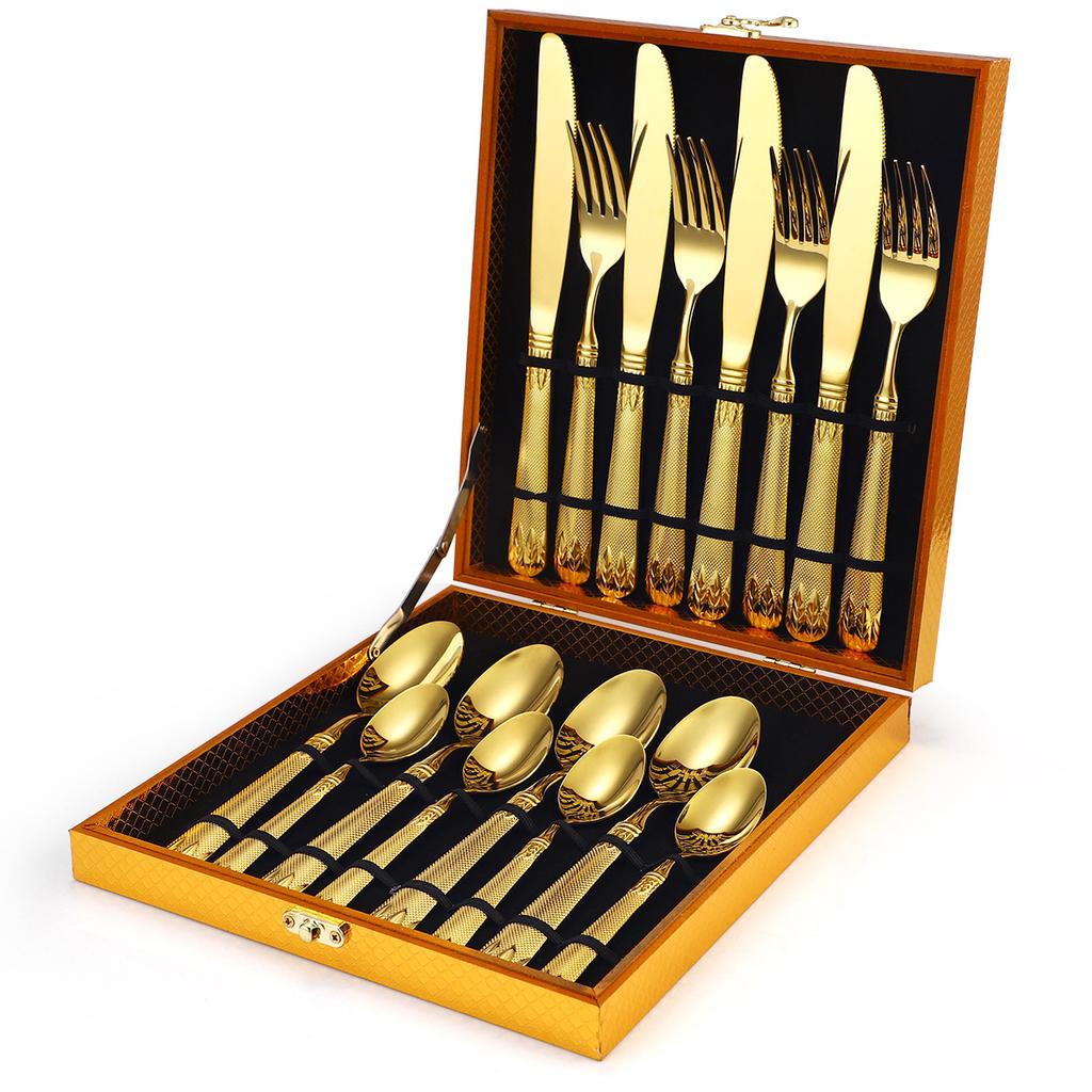 304 Stainless Steel Tableware Set 16/24 Piece Set Hotel Home Retro Relief Knife Fork Spoon Gold Gift Box