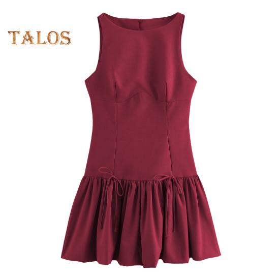 Sommerkleid für Damen, ärmellos, Schleifendekor, plissiert, A-Linie, einfarbig, Minikleid mit Reißverschluss auf der Rückseite, O-Ausschnitt, Westenkleid für Dating-Party