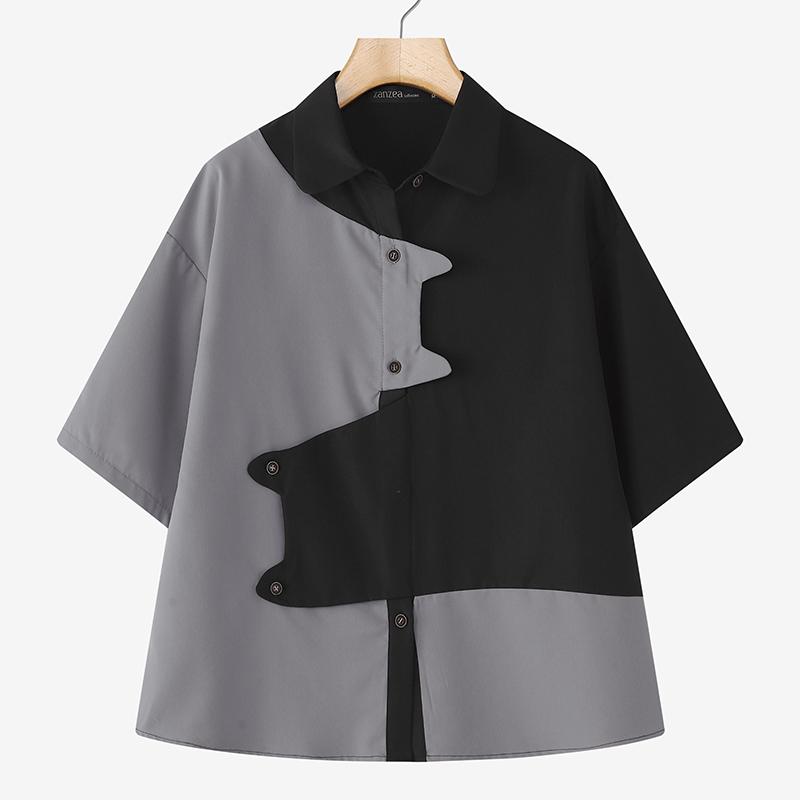 ZANZEA Women Casual Turn Down Collar Loose Short Sleeve Blouse