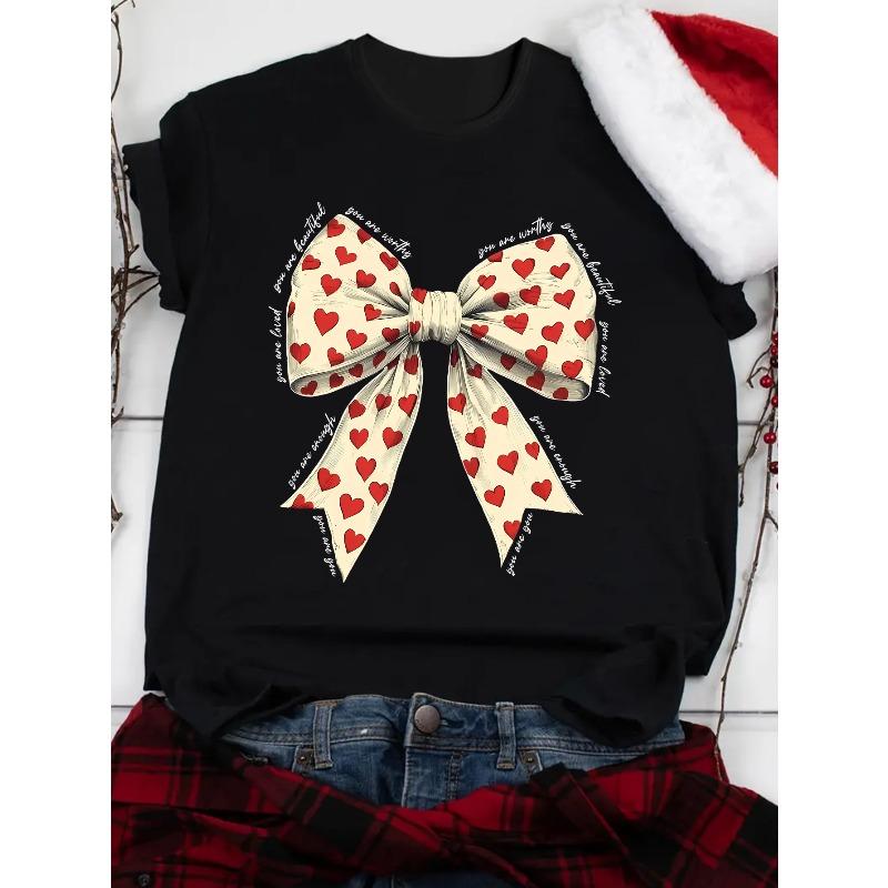 

Women s Christmas Heart Bow Love Print Stretch T-Shirt Round Neck Short Sleeve Casual Non-Sheer All Season Tee S чёрный
