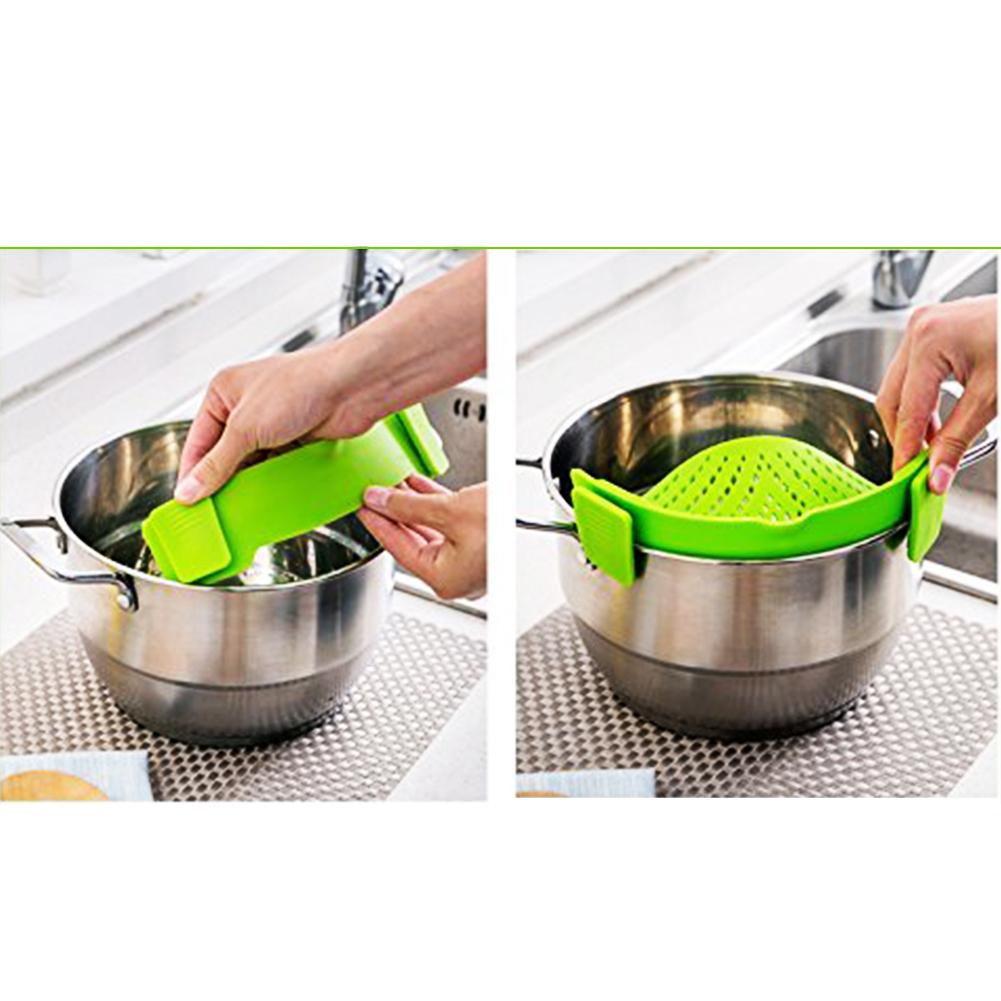 Clip-on Green Silicone Pasta Snap Strainer Dishwasher Safe Colander Universal Size Fit Most Pans Suitable for Draining Pasta Vegetables Potatoes etc