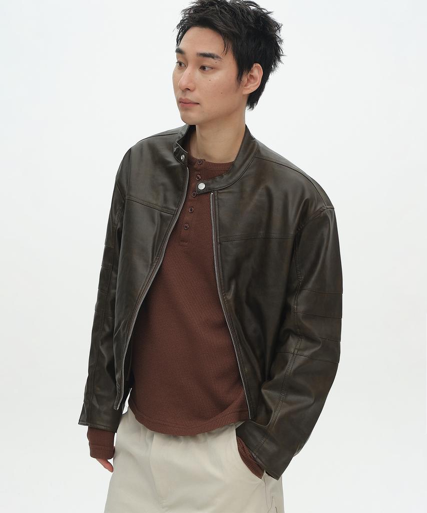 Placestudioman Vintage Track Washed Mandarin Collar Leather Jacket With Sleeve Cut-Out Details [Brown]