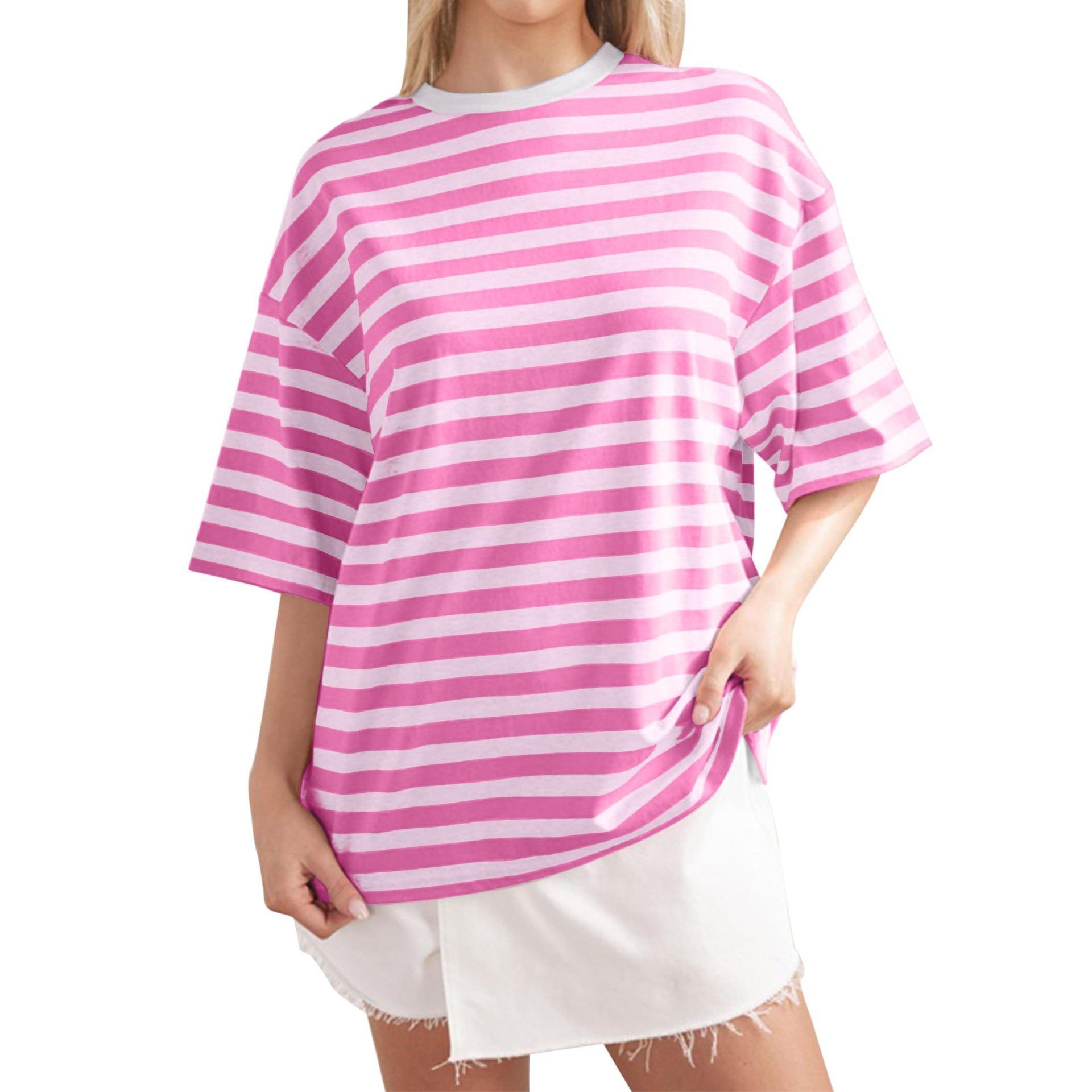 

IHUASU Женская мода повседневная летняя весна полосатый принт 1/2 рукава О-образный вырез блузки и рубашки XL