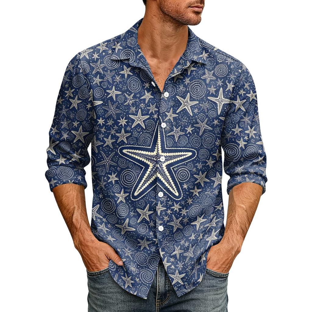 Men's Hawaiian Loose Fit Long Sleeve Shirt with Classic Collar Vintage Casual Button Down Shirt Suitable for Spring and Autumn Wear