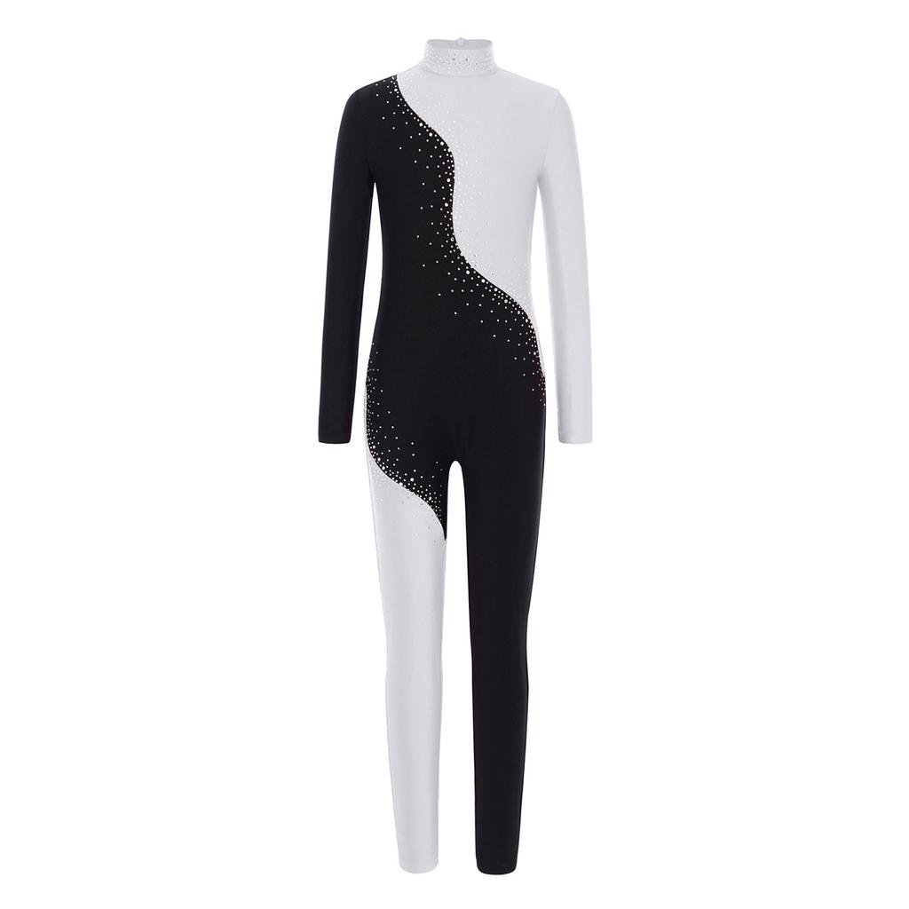 Jenter Fargeblokk Ytelsesjumpsuit Glitrende Rhinestones Mock Neck Langermet Usynlig Glidelås Bak Full Kropp Danseklær