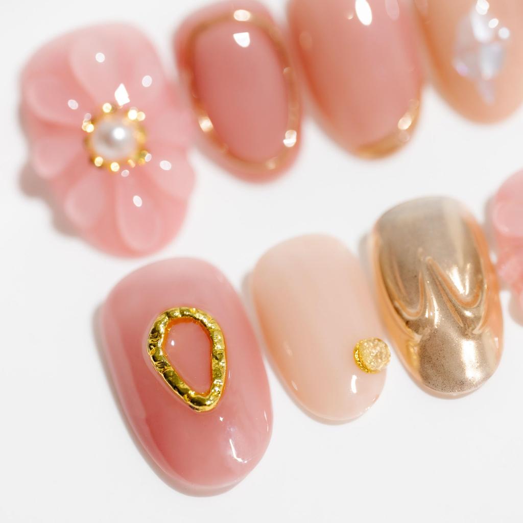 Nails Handmade Nail and Pink and Gold Heart False Pack of 10 Sun&Beam Tips, Medium, Long, Oval, Round, Short, Glitter, Popular, 3D, Stylish, Cute,