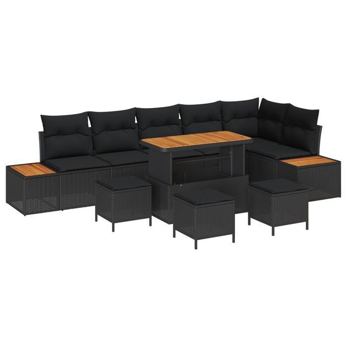 Ensemble de canapés de jardin de 10 pièces avec coussins noirs en rotin synthétique acacia 3362939