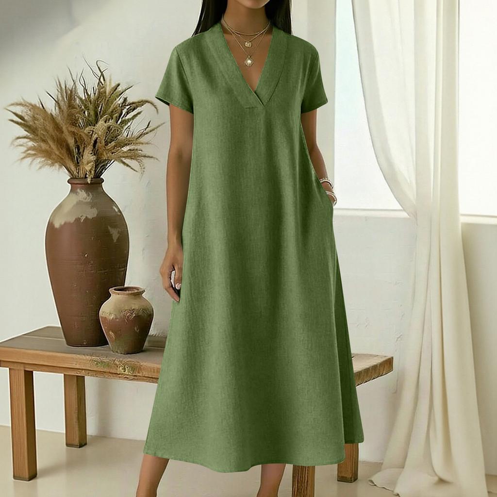 Women's V-neck Short-sleeved Mid-length Loose-fitting Dress With Large Pockets And Casual