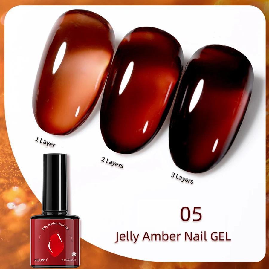 6 Colors Amber Gel Nail Polish Set - Translucent Jelly Nude Brown Tones, Professional Salon & DIY Home Manicure Kit, UV/LED Curable