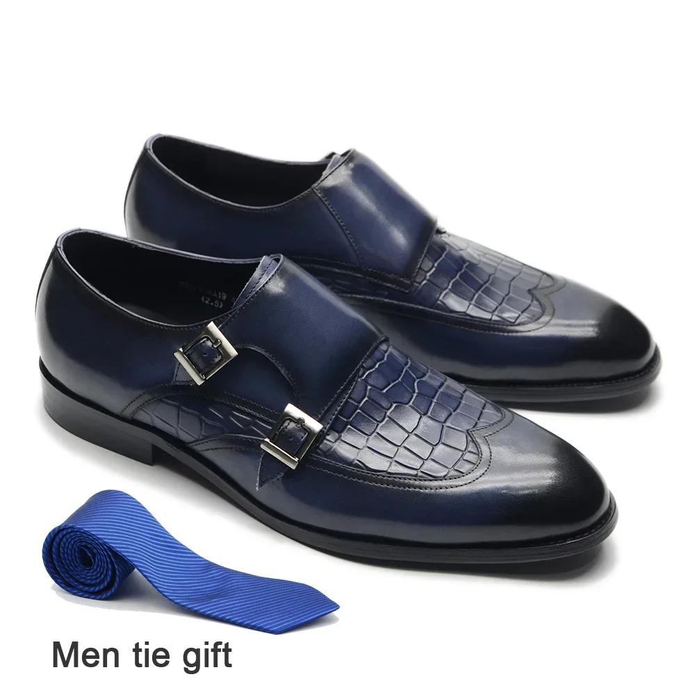 

Classic Men s Dress Shoes Genuine Leather Double Buckles Monk Strap Wingtip Crocodile Print Business Office Formal Shoes for Men 38