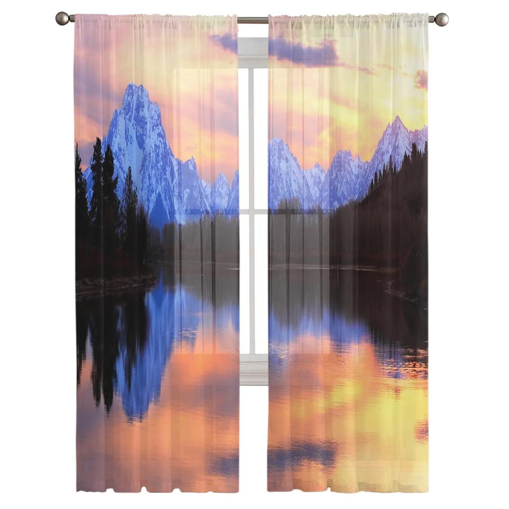 Západ slunce Parkové jezero Horská tylová záclona pro ložnici Halový obývací pokoj Dekor Šifonová záclona na balkon Kuchyň Domácí závěsy