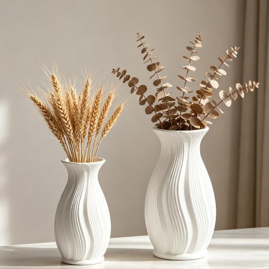 Small White Faux Ceramic Vase Minimalist Modern Pampas Grass Vase Decorative Flower Holder for Table Fireplace Shelf Living Room Decor