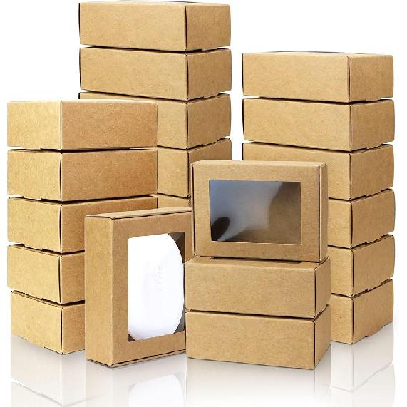 BadenBach 50 Pack Mini Rectangle Kraft Paper Boxes with Clear Windows,3.33" x 2.35" x 1.18",Tiny Small Homemade Soap Packaging Box Small Gift Boxes
